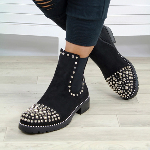 Botas con remaches Punk para Mujer, botines De piel con punta redonda y tachuelas De tacón bajo grueso, botines De felpa De tobillo Chelsea para invierno ► Foto 1/6