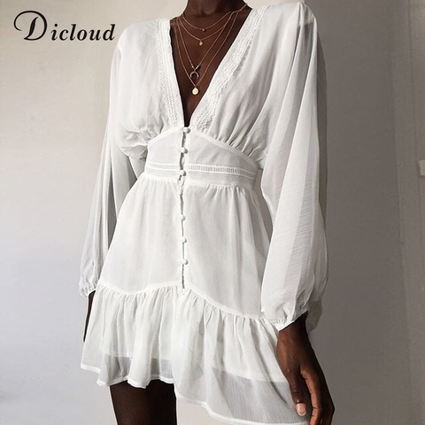 DICLOUD-Vestido corto de encaje blanco con manga larga para verano y otoño, minivestido Sexy con escote triangular para mujer, ropa elegante con volantes 2022 ► Foto 1/5