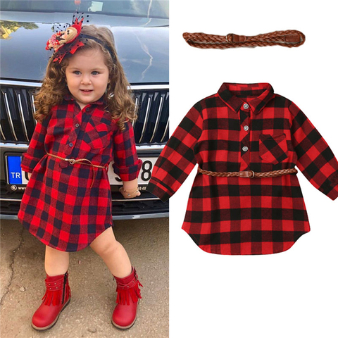 Recién nacido Niño bebé niñas vestido princesa vestido rojo Camisa de cuadros vestido con cinturón trajes bebé niñas vestido ► Foto 1/6