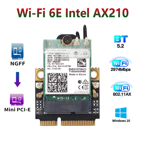 Adaptador inalámbrico de doble banda, tarjeta Wifi de 2974Mbps, Mini PCI-E, Intel AX210, Bluetooth 5,2, 802.11ax, 2,4G/5G/6G que Intel AX200 ► Foto 1/6