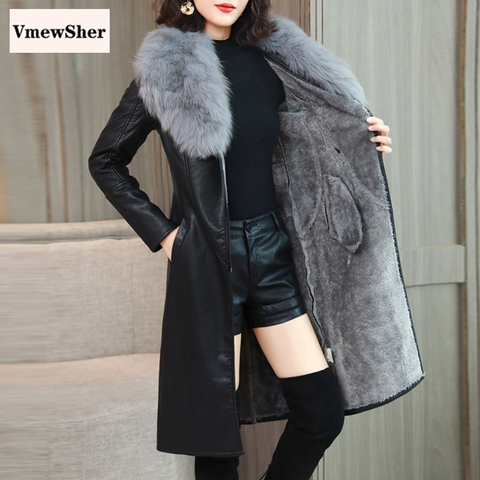 VmewSher-chaqueta de cuero con cuello de piel grande para mujer, forro de felpa, terciopelo, cálido, cinturón Delgado, abrigo largo de cuero, prendas de vestir M-4XL ► Foto 1/6