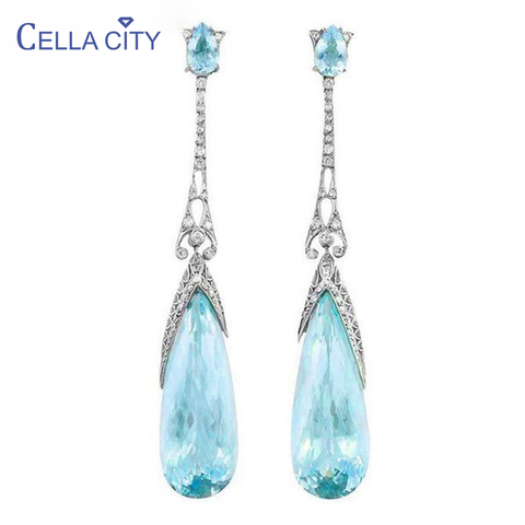 ¡Venta al por mayor! Pendientes Cellacity Charms de agua en forma de gota para mujer, joyas de plata 925, gemas de Aguamarina para mujer ► Foto 1/6