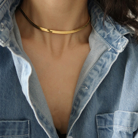 Gargantilla Punk de hoja plana cadena con eslabones estilo serpiente, collar, cadena de cuello de acero inoxidable de Color dorado y plateado para mujer, joyería 2022 ► Foto 1/6