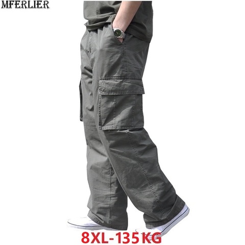 De los hombres de verano de carga pantalones de algodón pantalones de bolsillo de gran tamaño grande 8XL 10XL 9XL 140 KG suelto puerta de estilo safari pantalones de negro 46 48 50 ► Foto 1/6