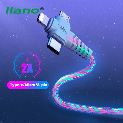 Cable USB de flujo luminoso 3 en 1 para Samsung, Cable de cargador LED Kable USB a Micro USB/Tipo C/8 pines para iPhone 12, Huawei y Xiaomi ► Foto 1/6