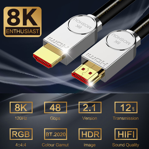 MOSHOU compatible con HDMI 2,1 Cable Ultra-HD (UHD) 8K 48Gbs con Audio y Ethernet compatible con HDMI Cable 1M 2M 5M 8M10M 15M HDR 4:4:4 ► Foto 1/6
