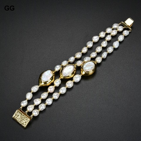 GG Jewelry-pulsera de perlas Keshi blancas, perlas barrocas blancas cultivadas, 8 '', 3 filas ► Foto 1/4