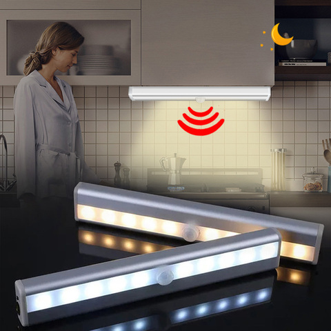 Luz Nocturna inalámbrica con batería para habitación, barra de luz de cocina con Sensor de movimiento PIR, 10 LED, perfil de aluminio, fácil de instalar ► Foto 1/6