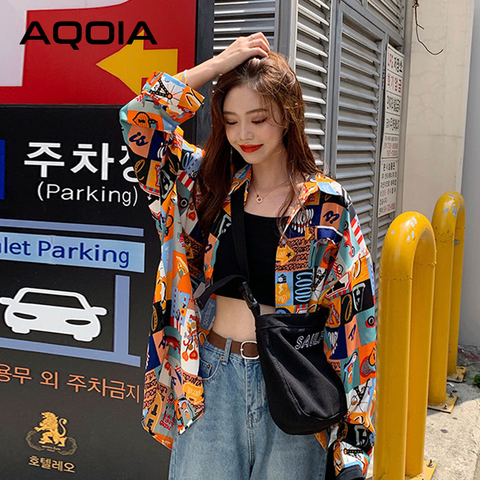 AQOIA estilo coreano Patchwork manga larga blusa de mujer floja camisa INS abotonada de talla grande camisas 2022 otoño Tops mujer ► Foto 1/6