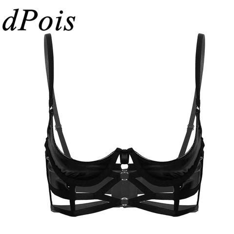 Sujetador de charol Wet Look para mujer, lencería con aros, tirantes finos, copa de cuarto, top de tirantes Sexy, bralette ► Foto 1/6