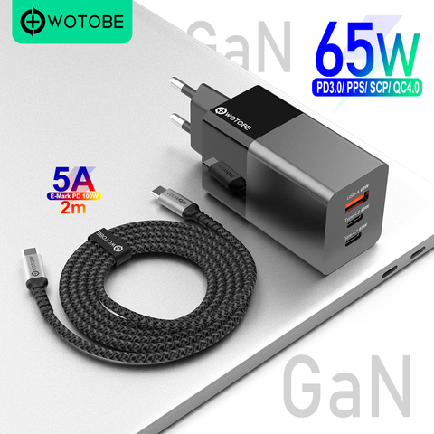 65W GaN USB-C adaptador de corriente, 1 puerto PD65W PPS 45W para ordenadores portátiles tipo C MacBook iPad iPhone Samsung,1 puerto QC3.0/SCP para HUAWEI XIAOMI ► Foto 1/6