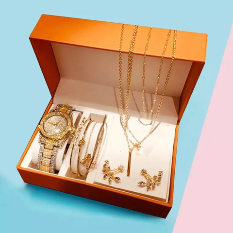 Conjunto de relojes de lujo con diamantes de imitación para mujer, reloj de cuarzo con hojas creativas, collar, pulseras, pendientes, relojes, conjuntos de regalos ► Foto 1/6