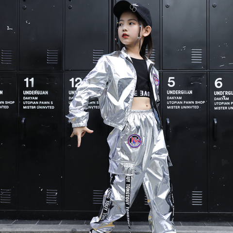 Chaqueta de Hip Hop para niños y niñas conjunto de 2 uds. De pantalones de Jazz para correr, traje de baile callejero de lentejuelas, disfraz para adolescentes, ropa de calle brillante ► Foto 1/6