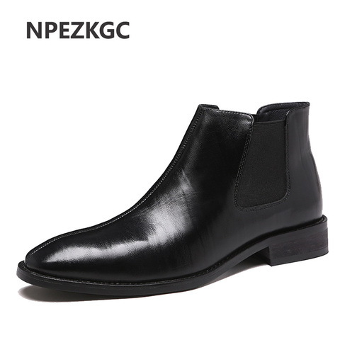 Otoño e Invierno de los hombres botas Chelsea de cuero Casual zapatos de hombre británico estilo Slip-vestido de boda de bota corta para hombre ► Foto 1/6