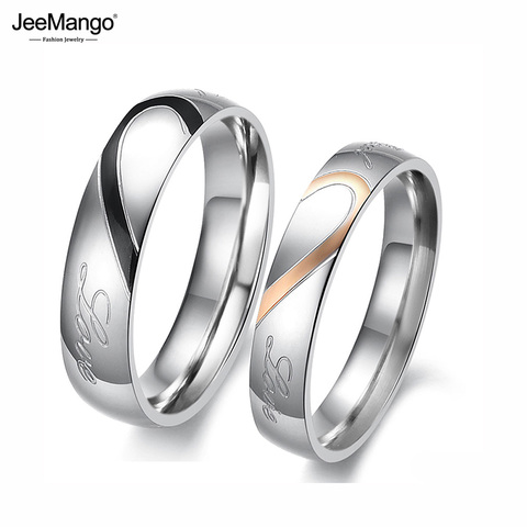 JeeMango romántico 316L de acero inoxidable de plata Mitad de corazón círculo Simple amor pareja de anillos bisutería anillo de compromiso JR19181 ► Foto 1/6