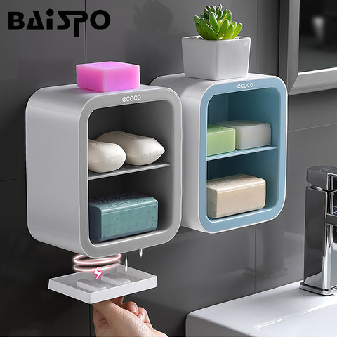 BAISPO-jabonera portátil para baño, soporte de jabón montado en la pared, organizador de plástico, estante de almacenamiento doble, accesorios de baño ► Foto 1/6