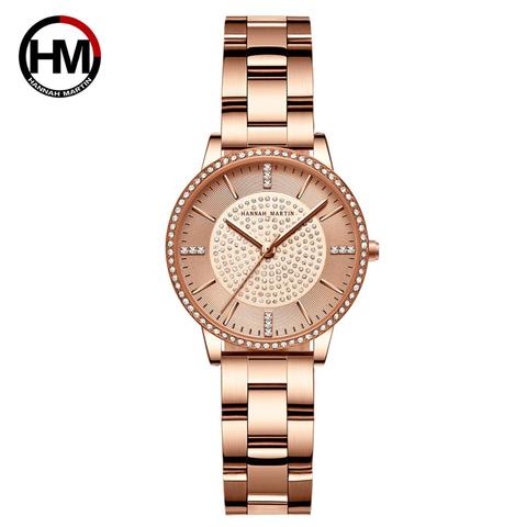 Correa de acero inoxidable para mujer, gran oferta totalmente lisa, movimiento japonés, oro rosa, diamantes de imitación, relojes de pulsera de cuarzo femenino ► Foto 1/6