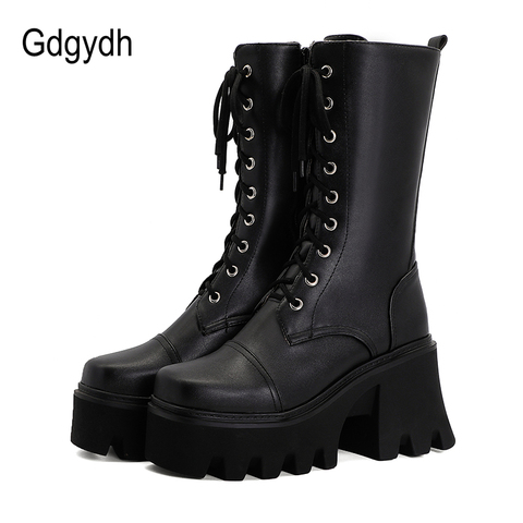 Gdgydh-Botas de suela gruesa de estilo británico para mujer, botas de plataforma con cordones grandes, zapatos de tacón grueso de piel sintética para invierno ► Foto 1/6