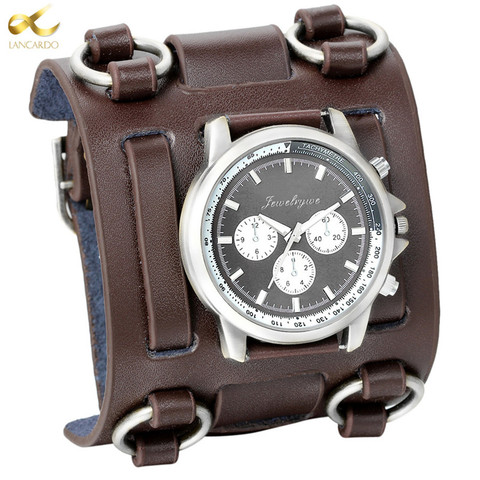 Relojes para hombre LANCARDO, Reloj Retro Punk con correa ancha de taquímetro, Reloj de pulsera de cuero para hombre militar de cuarzo ► Foto 1/6