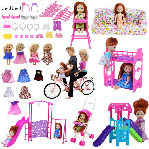 Mezcla de accesorios para muñecas, muebles para guardería, silla de carrito de bebé, litera, zapatos deslizantes de columpio, ropa para muñeca Barbie, juguete Kelly ► Foto 1/6