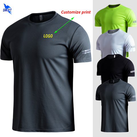 Personalizar LOGO transpirable Running camisetas hombres Tops camisetas secado rápido manga corta gimnasio Fitness camiseta tiras reflectantes ropa deportiva ► Foto 1/6