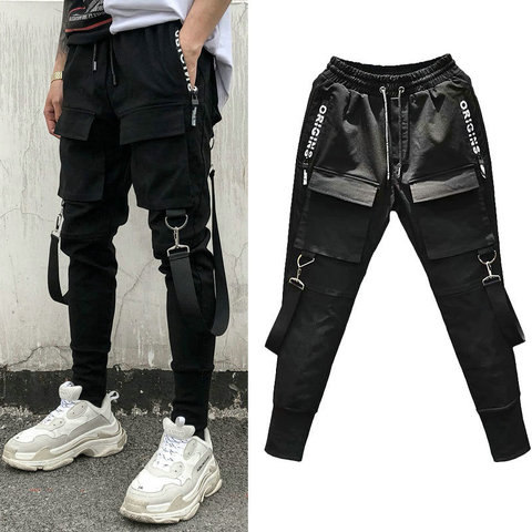 Estilo japonés Moda Hombres Joggers Pantalones Gran Bolsillo