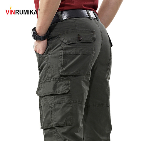 2022 de los hombres de verano de alta calidad 100% algodón ejército Multi-Bolsillo-monos finos pantalón hombre primavera otoño Casual caqui pantalones largos ► Foto 1/6