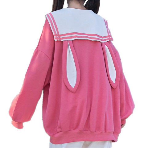 Sudadera con capucha de estilo japonés Lolita para mujer, suéter Kawaii con lazo y orejas largas de conejo, jerséis holgados de gran tamaño con cuello de Sailor ► Foto 1/6