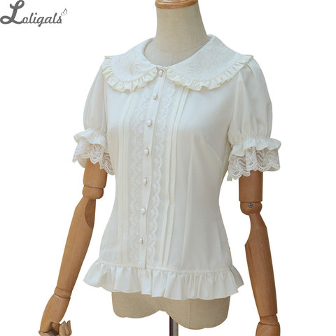 Dulce Lolita camisa manga corta flor bordada Peter Pan Collar blanco volantes blusa para mujer ► Foto 1/6