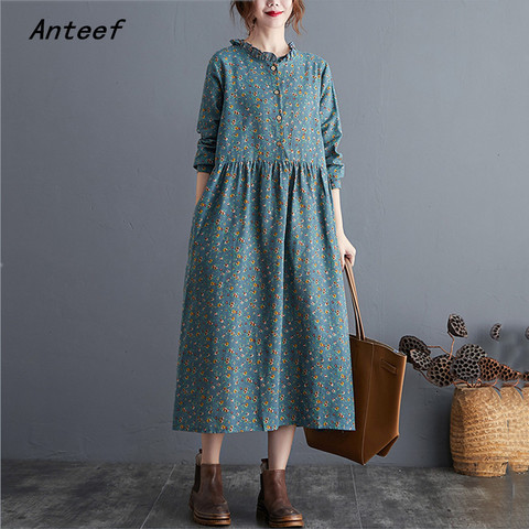 Vestido de lino y algodón de talla grande para mujer, ropa elegante de manga larga con volantes, vintage, floral, Vestido suelto de otoño informal, 2022 ► Foto 1/5