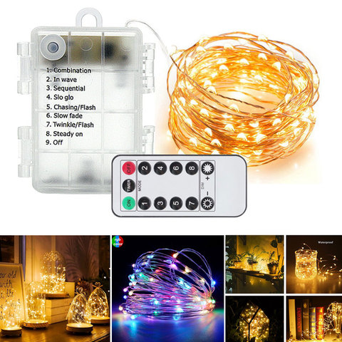 Luces de hadas LED con batería, 8 modos, 100, 50LED, USB con control remoto de 13 teclas, 10m, 5m, alambre de cobre impermeable, fiesta de Festival ► Foto 1/6