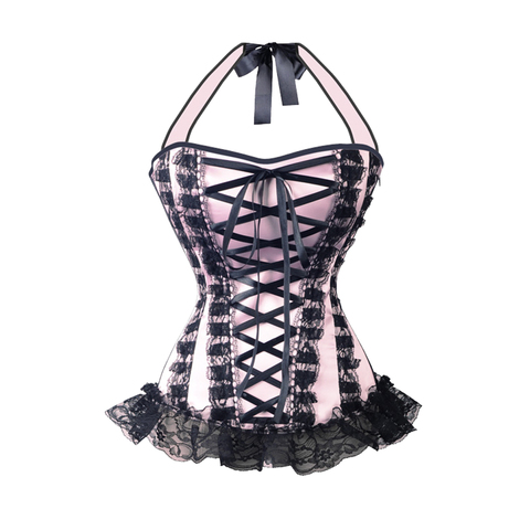 Corsé con cuello Halter para mujer, corsé de encaje de satén sin tirantes, Boned, Overbust, Corset de talla grande y corpiño, lencería con volantes, moldeador de Top ► Foto 1/3