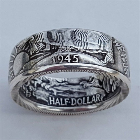 Anillos de medio dólar moneda plateada para hombre, joyería Punk Vintage de moda para hombre, banda de boda antigua, anillo de compromiso, regalos para hombre ► Foto 1/6