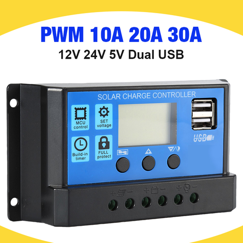 30A/20A/10A 12V 24V Auto mando de cargador Solar PWM controladores de pantalla LCD 5V salida USB Dual Solar regulador ► Foto 1/6