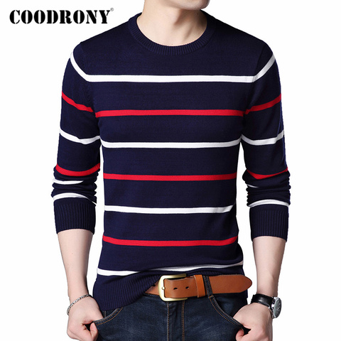 COODRONY-suéter de algodón para hombre, Jersey informal a rayas con cuello redondo, ropa de punto para primavera y otoño, C1003 ► Foto 1/6