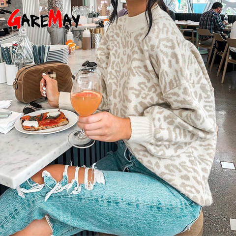 Suéter de mujer de cuello alto de leopardo de punto suéter de impresión animal invierno grueso suéteres femeninos tapas casuales suéter de gran tamaño ► Foto 1/6