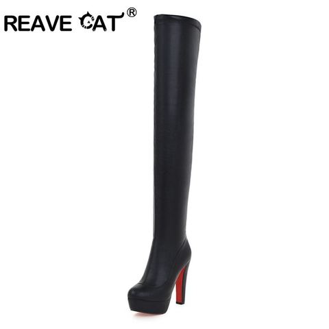 REAVE CAT-Botas sexys de plataforma para mujer, botines por encima de la rodilla con tacón de bloque, color negro ► Foto 1/1