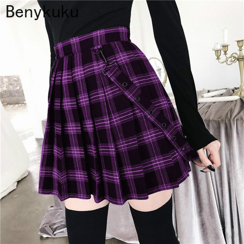 Falda corta plisada Harajuku de talla grande para mujer, Falda corta de cintura alta, estilo coreano a cuadros, estilo gótico Punk, informal ► Foto 1/6