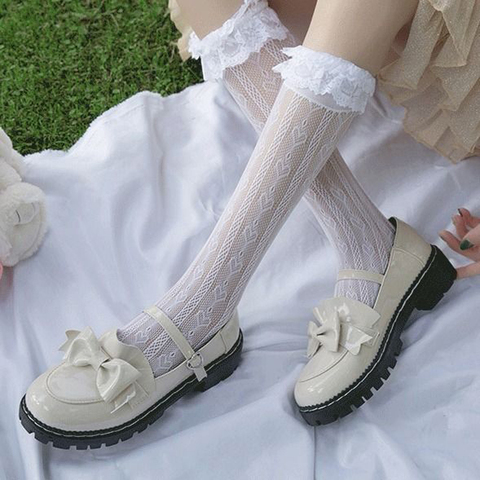 Calcetines de encaje de Lolita hasta la rodilla para dama, negros y blancos, regalo para mujer y niña, calcetines de lazo, accesorios de disfraces de Cosplay ► Foto 1/6