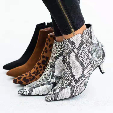 Las nuevas mujeres tobillo botas de leopardo de las mujeres del dedo del pie puntiagudo señoras tacón alto grueso zapatos de mujer calzado de mujer de talla grande 36-43 serpiente ► Foto 1/6