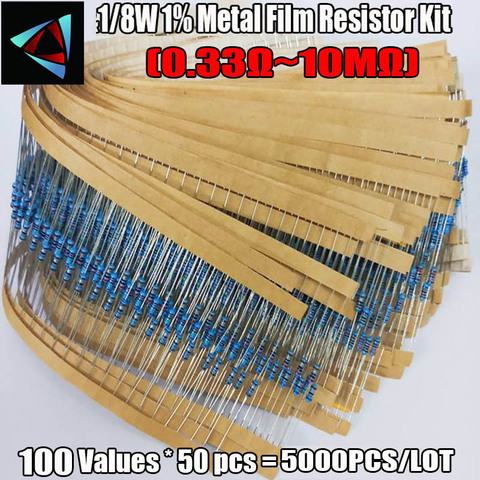 Kit surtido de resistencias de película metálica, 1/8W 1% 1R ~ 10M ohm 100valuesx50 Uds = 5000 Uds. 0.125W ► Foto 1/1