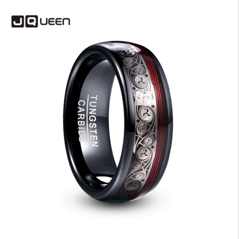 JQUEEN, anillo de acero plateado tungsteno de 8mm de ancho con incrustaciones negras, Triple Patrón En Espiral + guitarra roja, anillo de carburo de tungsteno, producto en oferta ► Foto 1/5