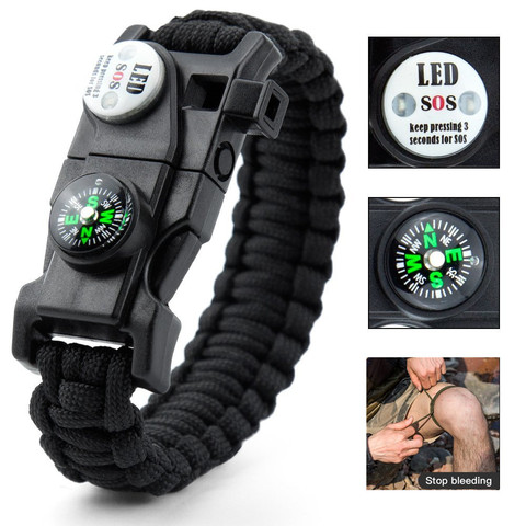 Pulsera de supervivencia multifuncional al aire libre para hombres, cuerda trenzada de Paracord, herramienta EDC de acampada, SOS, luz LED, brújula, silbato ► Foto 1/6