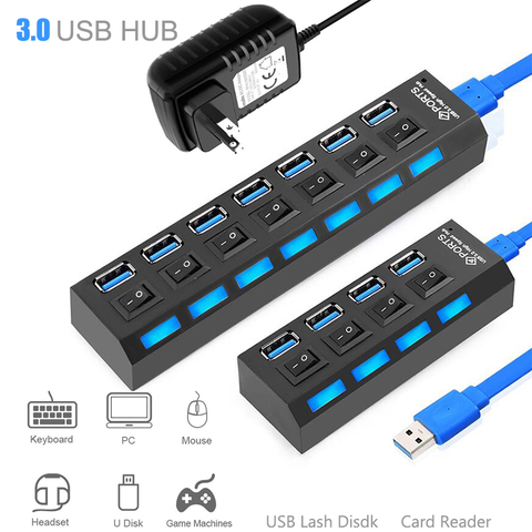 Hub USB 3,0 de alta velocidad de 5Gbps Splitter USB Multi 3 Hab uso adaptador de alimentación 4/7 Puerto múltiples expansor con interruptor para PC portátil ► Foto 1/6