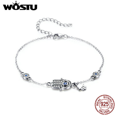 WOSTU-pulsera de plata de primera ley con forma de Fátima para mujer, brazalete, plata esterlina 925, Circonia cúbica, zirconia, circonita, zirconita, color azul, CQB079, 925 ► Foto 1/6