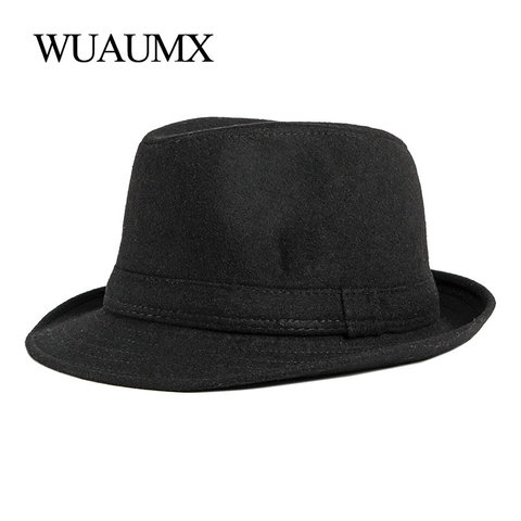 Wuaumx-Sombrero de fieltro con lazo para hombre, sombrero clásico de Jazz, color negro, para Otoño e Invierno ► Foto 1/6