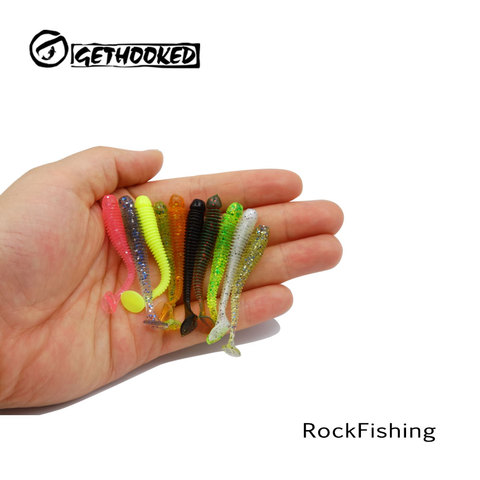 Gethooked 15 unids/lote Wobblers cebos blandos para pesca de goma suave cebos 50mm 0,7g T-de cola gusano cebos artificiales bajo pez de silicona ► Foto 1/6