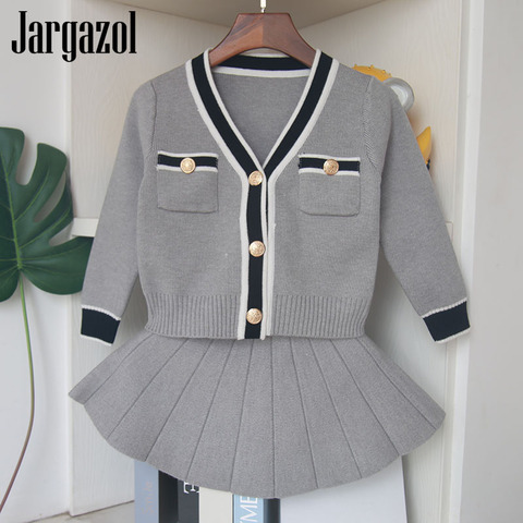 Conjunto de Ropa para Niñas, cárdigan gris de invierno con falda, conjunto de 2 uds para niños, prendas de vestir exteriores, conjuntos bonitos para niñas, conjuntos de ropa, conjunto de suéter ► Foto 1/6