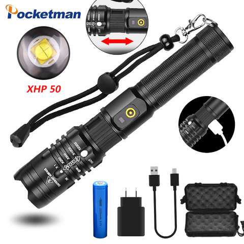 Linterna LED XHP50.2 más brillante, 6000 lúmenes, linterna USB más potente con zoom, lámpara de caza con batería de 18650 ► Foto 1/6