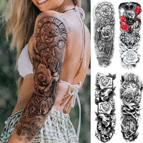 Manga de tatuaje para brazo grande para hombre y mujer, reloj de tigre león, resistente al agua, pegatina, mascarilla de rosa, arte corporal, Tatuaje falso completo ► Foto 1/6